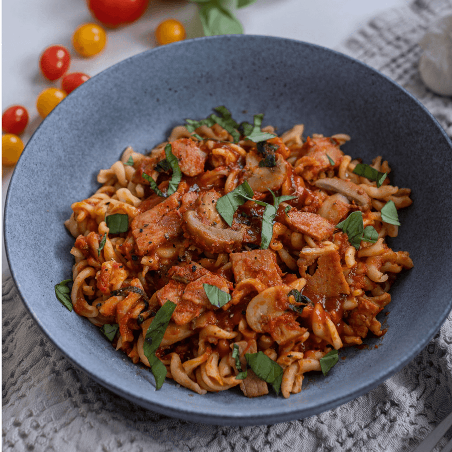 Bacon, Mushroom and Tomato Spiral Pasta, We Feed You