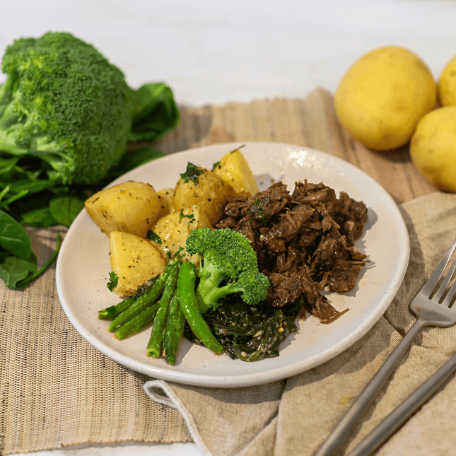 Beef with Roast Potatoes and Mustard Green Vegetables on plate. This meal is Gluten Free, Lactose Free and Low FODMAP.
