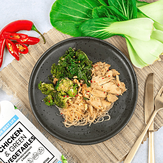 Chicken and Green Vegetables ready meal on plate. This meal is Gluten free, ,lactose free onion and garlic free and low FODMAP.