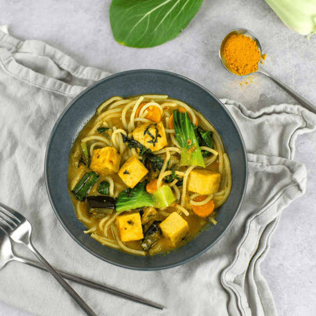 Tofu Laksa and Noodles ready meal in bowl. This meal is gluten free, vegan, low FODMAP, lactose free