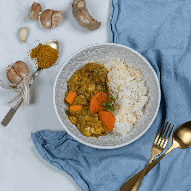 Japanese Chicken Curry (400g) with free range chicken, vegetables and jasmine rice, mild flavour, gluten free.