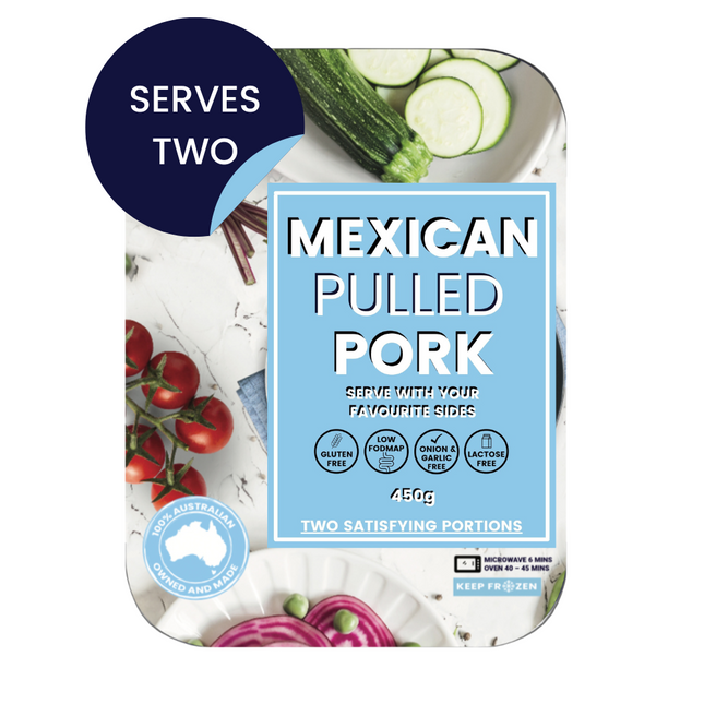 Mexican pulled pork ready meal for two in packaging. Shows the meals is gluten free and low FODMAP, onion and garlic free and lactose free.