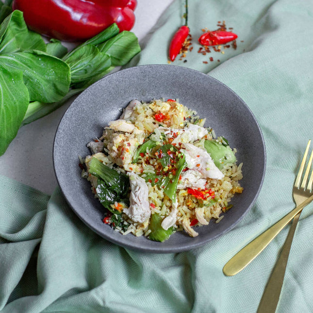 Poached Chicken w/ Aromatic Rice & Bok Choy ready meal in bowl. This meal is LOW FODMAP, GLUTEN FREE, lactose free.