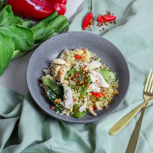 Poached Chicken w/ Aromatic Rice & Bok Choy ready meal in bowl. This meal is LOW FODMAP, GLUTEN FREE, lactose free.