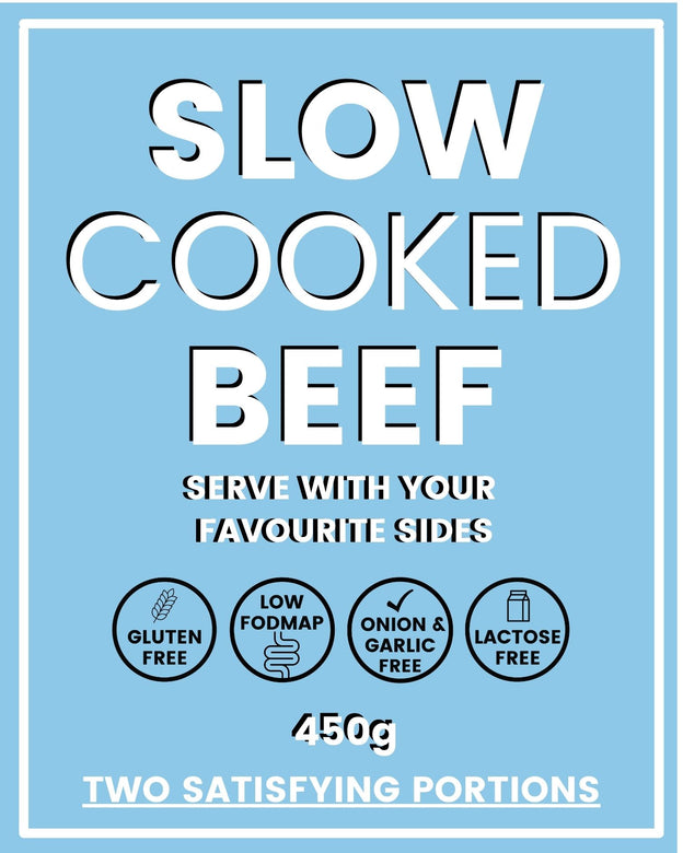 Slow cooked beef ready meal sticker showing gluten-free, low FODMAP, lactose-free, and free from onion & garlic.