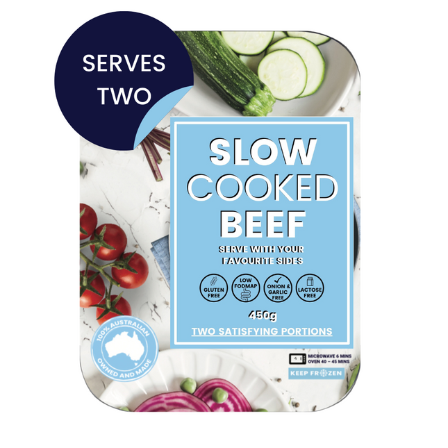 450g of Slow cooked beef ready meal in pack showing it's gluten-free, low FODMAP, lactose-free, and free from onion & garlic.