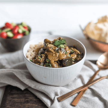 Tamarind Eggplant Curry w/ Cherry Tomatoes & Brown Rice.  375g. Gluten Free, lactose free, vegan