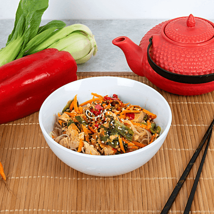Ginger Tofu w/ Red Capsicum, Bok Choy & Vermicelli Noodles 350g. Gluten free, Vegan, Low FODMAP, lactose free