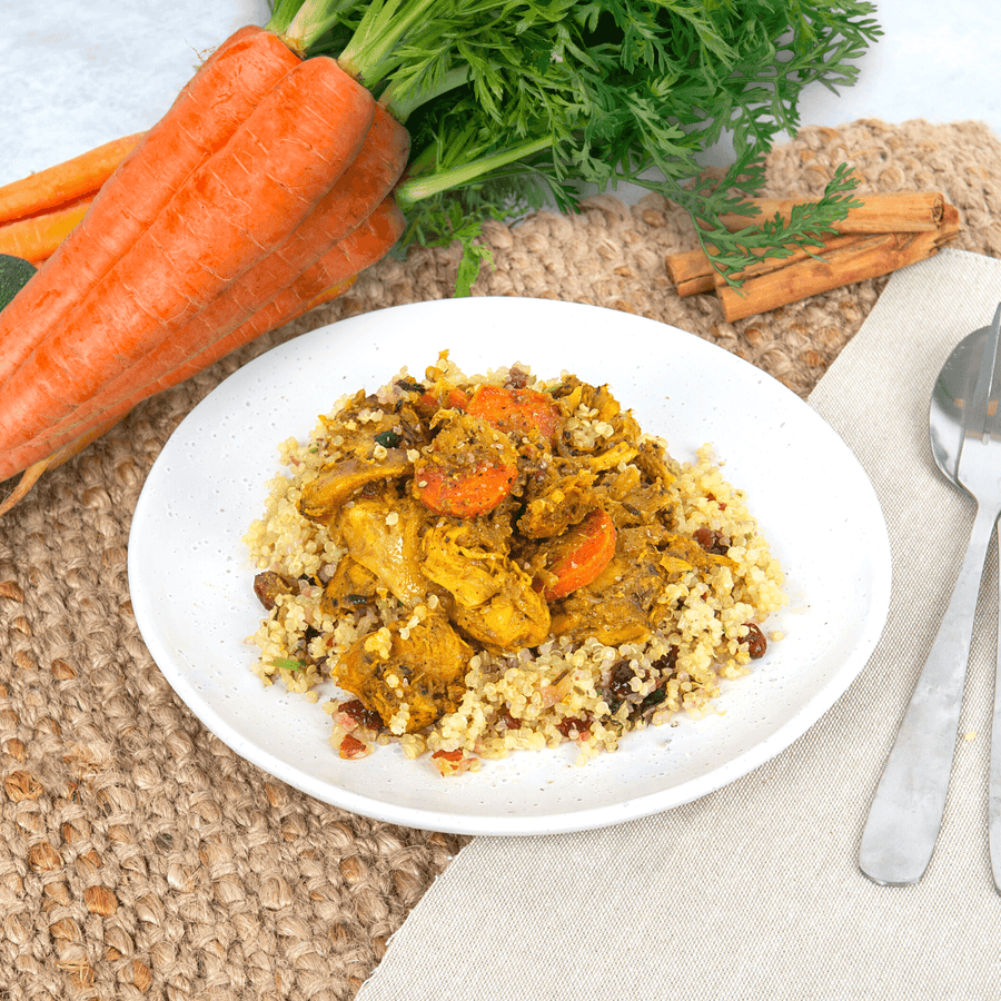Chicken & Spiced Carrots w/ Roasted Almond & Cranberry Quinoa. 350g. Diabetic Friendly, gluten free, lactose free, onion and garlic free,  Low FODMAP.